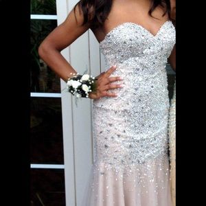 Terani Couture Beige Silver Rhinestone Prom Dress
